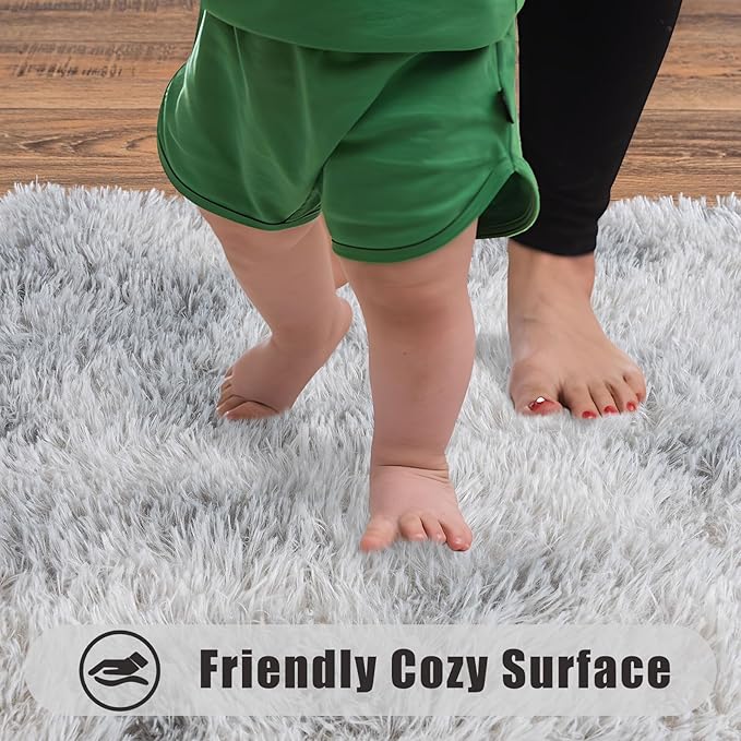 Ultra Soft Runner Rugs for Bedroom Hallways with Upgraded Non-Slip Rubber Backing & Thick Memory Sponge, 2x4 Feet Fluffy Shag Throw Area Rug for Bedside Dorm Tie-dye Light Grey