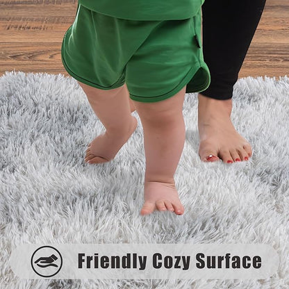 Ultra Soft Runner Rugs with Upgraded Non-Slip Rubber Backing & Thick Memory Sponge, 2x6 Feet Fluffy Shag Throw Area Rug for Bedroom Hallway Living Room Tie-dye Light Grey