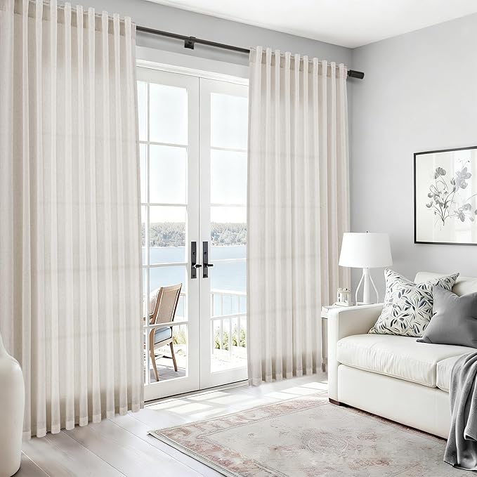 Nanspring Pearl White Linen Curtains 63 Inch Length for Living Room Luxury Light Filtering Semi Sheer Curtain Back Tab Coastal Decor Neutral Elegant Gray Drapes for Bedroom Office 52x63, 2 Panels