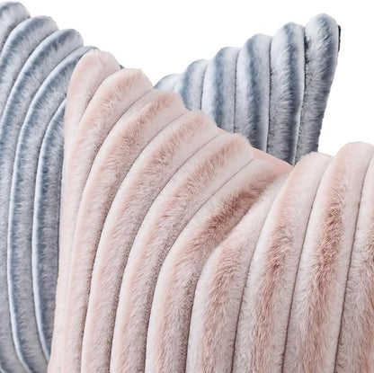 decorUhome Summer Cozy Faux Fur Throw Pillow Covers 12x20 Set of 2 Decorative Soft Plush Striped Lumbar Modern Farmhouse Boho Couch Pillow Cases with Velvet Back for Sofa Bed Living Room, Pink White