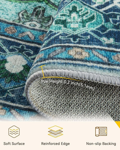Area Rugs 7ft Washable Non-Slip, Floral Vintage Distress Print Pattern Medallion Carpet for Living Room Bedroom Dining Room, Teal Green Lake Blue Turquoise