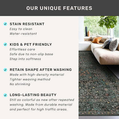 Dining Room Rugs for Under Table - 6x9 Washable Dark Green Oriental Area Rug for Living Room, Low Pile Non-Slip Floor Carpet for Bedroom - Vintage Design & Stain Resistance (6x9 Dark Green)