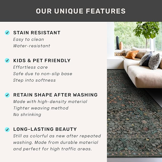 Dark Green 2'6" x 10' Runners for Wide Hallways Non Slip, Extra Long 10ft Floor Runner for Kitchen, Entryway Indoor, Washable Rubber Backing Stain Resistant - Vintage Floral Décor