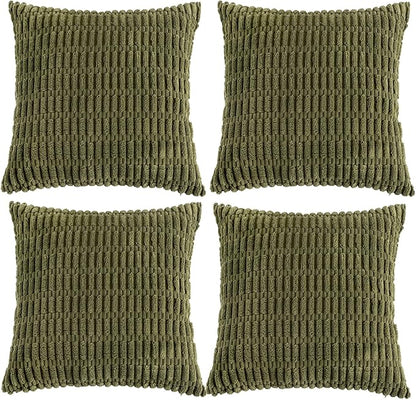 Fancy Homi 4 Packs Boho Moss Green Decorative Throw Pillow Covers 22x22 Inch for Couch Bed Sofa, Rustic Modern Farmhouse Home Decor, Soft Plush Corduroy Cute Square Cushion Case 55x55 cm