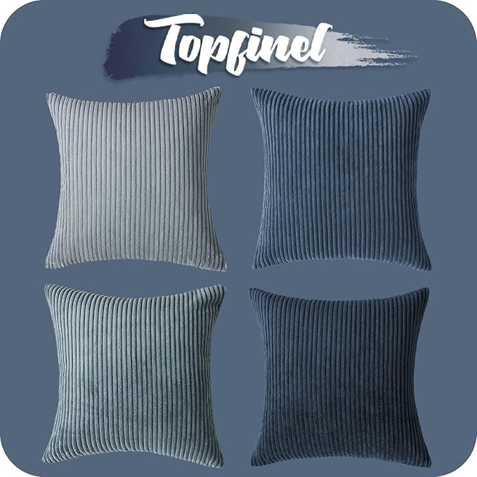 Topfinel Navy Blue Euro Shams Decorative Throw Pillow Covers 26x26 Inch Set of 4,Soft Corduroy Striped Gradient Color Large Cushion Cover for Beach,Patio,Balcony,Living Room,Summer Home Decor