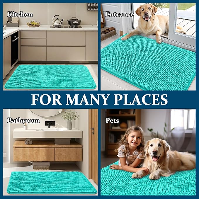 OLANLY Dog Door Mat for Muddy Paws 45x27, Absorbs Moisture and Dirt, Absorbent Non-Slip Washable Doormat, Quick Dry Chenille Mud Mat for Dogs, Entry Indoor Entryway Carpet for Inside Floor, Teal