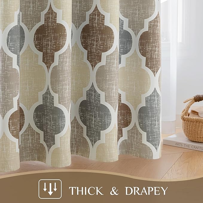 Beauoop 100% Blackout Curtains 84 Inches Long 2 Panels for Bedroom Living Room Brown Grey Moroccan Geo Room Darkening Thermal Insulated Soundproof Grommet Top Window Treatments Drapes, 50x84 Set of 2
