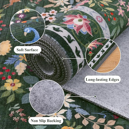 HEBE Washable Hallway Runner Rug 2'x 6' Non Slip Kitchen Rugs Runner,Low Pile Entryway Rug Laundry Room Mat Floral Carpet Runners for Hallways, Kitchen,Bathroom,Laundry,Bedside Rug