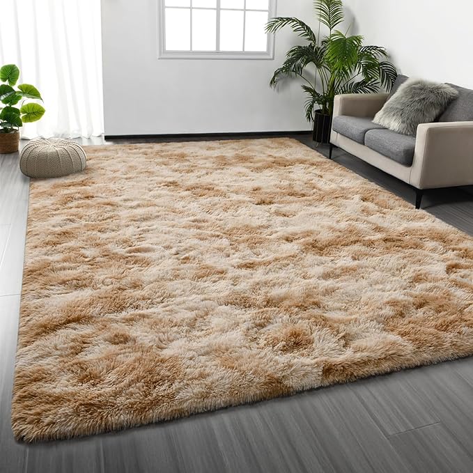 Deerhoo Large Shag Area Rugs 5 x 8, Tie-Dyed Plush Fuzzy Rugs for Living Room, Ultra Soft Fluffy Furry Rug for Bedroom, Indoor Carpet Nursery Rugs for Kids Room Home Decor, Beige