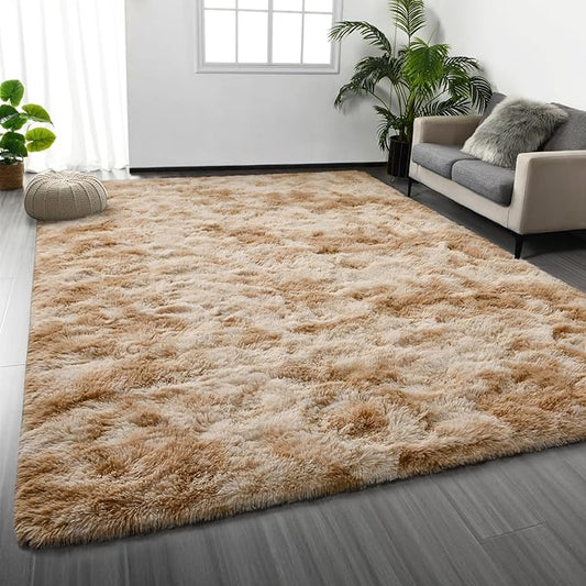 Deerhoo Large Shag Area Rugs 9 x 12, Tie-Dyed Plush Fuzzy Rugs for Living Room, Ultra Soft Fluffy Furry Rug for Bedroom, Indoor Carpet Nursery Rugs for Kids Room Home Decor, Beige