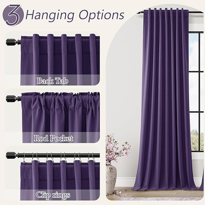 Guken 100% Blackout Curtains 90 Inch Length 2 Panels Set for Living Room Bedroom Back Tab Thermal Insulated Black Out Linen Drapes Room Darkening New Purple,52x90