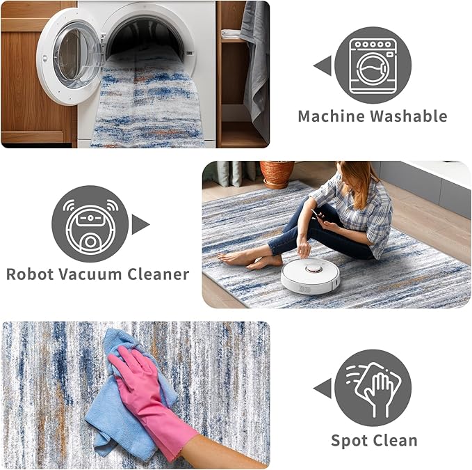 3x8 Washable Runner Rug for Family: Easy-to-Clean Runners for Hallway Entryway Kitchen Bedroom - Stain and Water Resistant Rugs with Non-Slip Backing - Soft Low-Pile Carpet Navy Grey