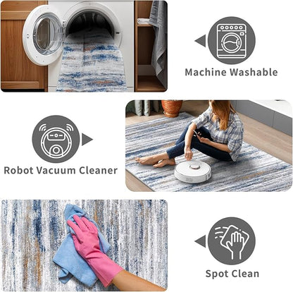 2x10 Washable Runner Rugs for Hallway: Easy-to-Clean Abstract Runners for Entryway Kitchen Dining Room- Stain and Water Resistant Rugs with Non-Slip Backing - Soft Low-Pile Carpet Navy Grey