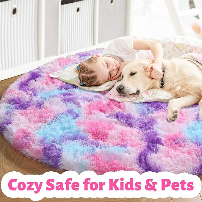 Amdrebio Hot Pink Rainbow Round Circle Area Rug 5Ft for Girls Bedroom, Fluffy Cute Fuzzy Colorful Pastel Kids Rugs for Nursery Playroom Classroom, Unicorn Shag Princess Carpet for Baby Toddler Teen
