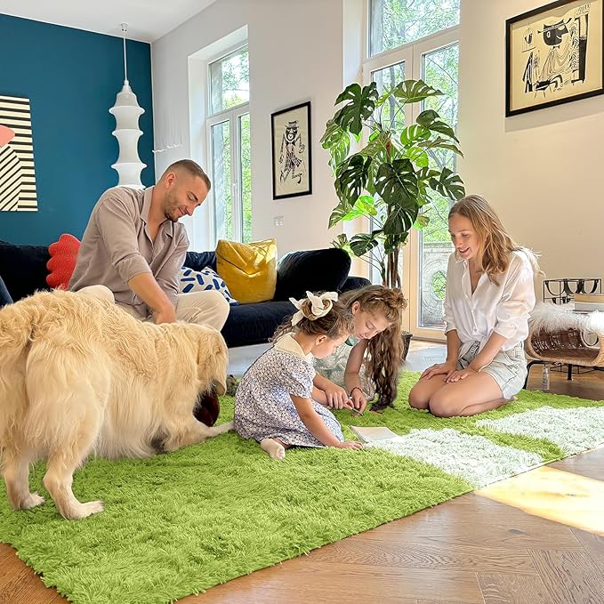 OLANLY 3x5 Machine Washable Small Bedside Rug, Soft Fluffy Shaggy Rugs for Living Room, Bedroom, Indoor Floor Carpet for Kids Girls and Boys, Preppy Dorms, Nursery, Home Decor Aesthetic, Grass Green