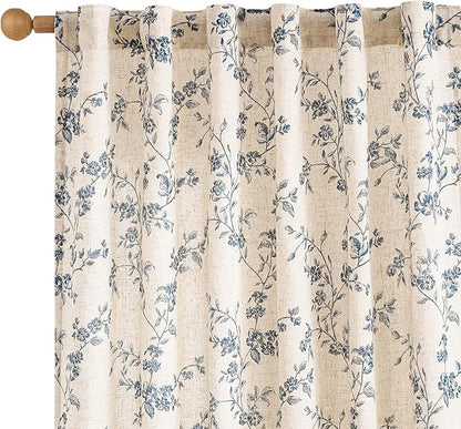 Lazzzy Farmhouse Linen Curtains Extra Long Blue Floral Curtains 108 Inch Long Back Tab Drapes for Living Room Bedroom Light Filtering Country Vintage Rod Pocket, 2 Panels, Blue on Beige