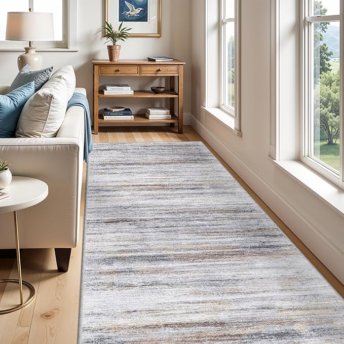 Large Runner Rugs for Hallway 4x20: Non-Slip Washable Wide Carpet - Soft Low-Pile Stain and Spill Resistant Rug for Entryway Living Room Dining Room Balcony Garage Office Beige Grey