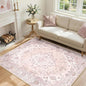 Area Rugs 4'x6' Washable Non-Slip, Floral Vintage Distress Print Pattern Medallion Carpet for Living Room Bedroom Dining Room, Pink Greypink Cute