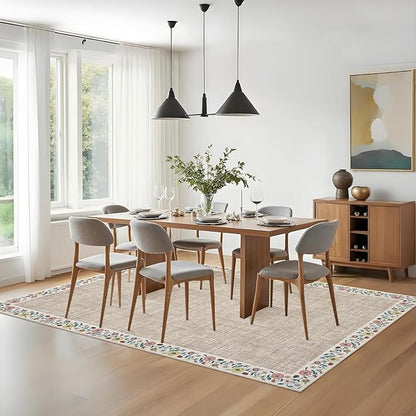 GarveeHome Washable Area Rugs for Bedroom 5x7 Living Room Modern Floral Throw Rugs Non-Slip Lightweight Thin Carpet Modern Farmhouse Print Non-Shedding Soft Low Pile Floor Cover, Light Camel