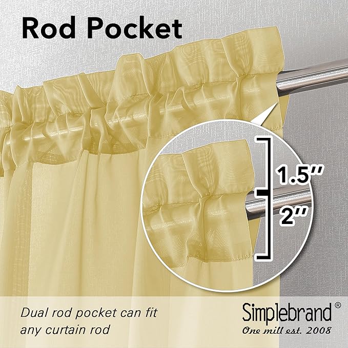 Simplebrand Yellow Sheer Curtains 63 Inch Length 2 Panels, Rod Pocket Solid Color Window Sheer Curtain Panels, Elegant Curtains & Drapes for Living Room, Bedroom (42" W x 63" L)