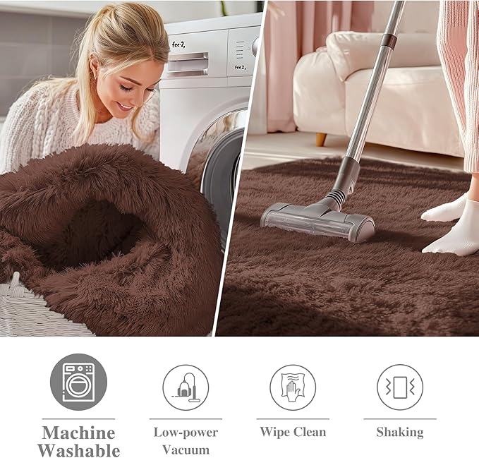 OLANLY Coffee Round Rugs for Bedroom - Machine Washable, 2 ft Circle Area Rugs for Living Room, Soft and Fluffy Shaggy Carpet for Teen Girls and Boys, Nursery Rooms, Dorms, Home Decor Aesthetic