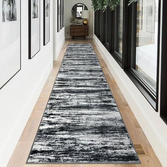 KOZYFLY Modern Abstract Washable Rug Runner 2.6x12 Hallway Rug Runner Non-Slip Soft Kitchen Runner Rugs, Black Navy Blue Grey Striped Carpet for Entryway Bathroom Laundry Room Foyer