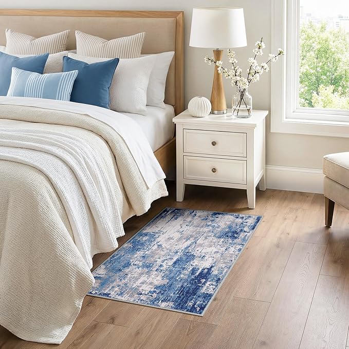 Washable Area Rugs 3x4 Non-Slip Modern Abstract Soft for Living Room Entryway Bedroom Nursery, Print Pattern, Blue Grey Navy Gray