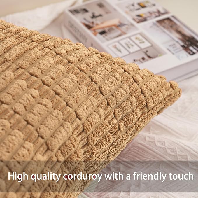 Pack of 2 Corduroy Decorative Throw Pillow Covers 16x16 Inch Soft Striped Pillow Covers Modern Farmhouse Home Decor for Sofa Living Room Couch Bed（Coffee）