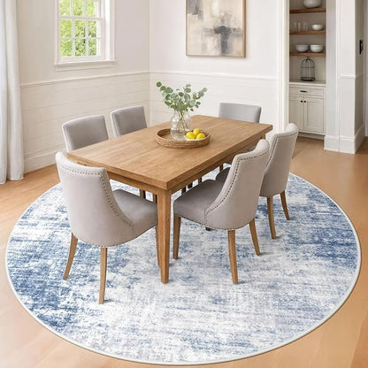 IOHOUZE Abstract Round Area Rug 8 Ft Washable Circle Rugs Large Round Rug Non Slip Thin Soft Circle Rugs, Printed Faux Wool Floor Carpet for Bedroom Living Room Dining Room Nursery, Light Blue Grey
