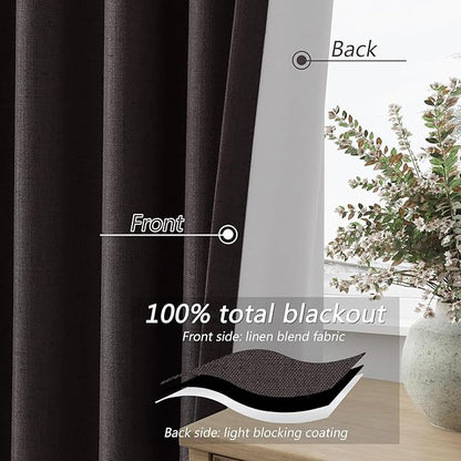 Guken 100% Blackout Curtains 102 Inch Length 2 Panels Set for Living Room Bedroom Back Tab Thermal Insulated Black Out Linen Drapes Room Darkening Cocoa Coffee,52x102