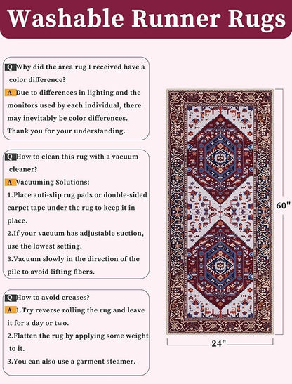 SERISSA Boho Washable Runner Rug, 2x5 Rug Runner Non-Slip Vintage Burgundy Navy Hallway Kitchen Runner Rug Ultra Soft Print Distressed Floor Carpet Runner for Bedroom Bathroom Laundry Living Room