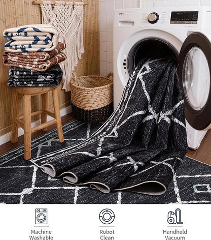 YIHOUSE Moroccan Rugs for Living Room, 6x9 Black and White Aztec Area Rug, Western Geometric Soft Low-Pile Washable Rugs for Bedroom, Dining Room