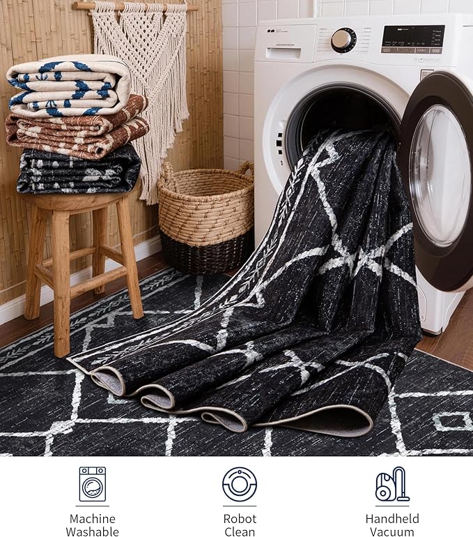 YIHOUSE Moroccan Rugs for Living Room, 8x10 Black and White Aztec Area Rug, Western Geometric Soft Low-Pile Washable Rugs for Bedroom, Dining Room