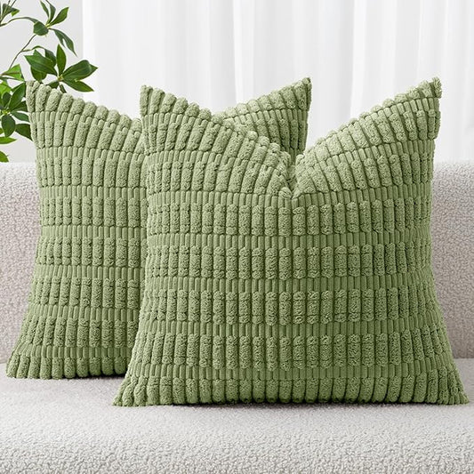 MIULEE Pack of 2 Spring Corduroy Decorative Throw Pillow Covers 18x18 Inch Soft Boho Striped Pillow Covers Modern Farmhouse Home Decor for Summer Sofa Living Room Couch Bed Sage Green