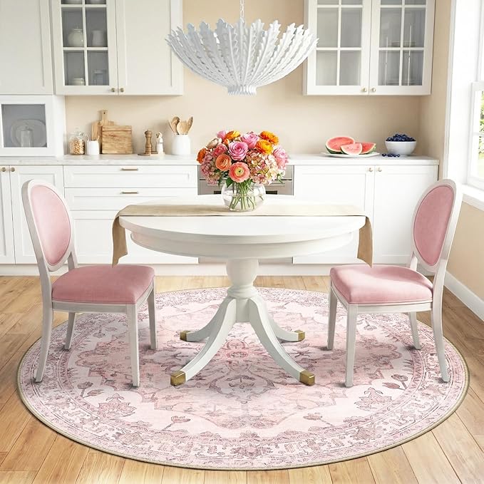 RELEANY Area Rugs 6ft Washable Non-Slip, Floral Vintage Distress Print Pattern Medallion Carpet for Living Room Bedroom Dining Room, Pink Greypink Cute