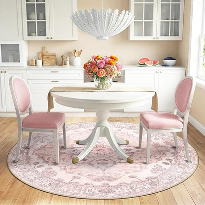 RELEANY Area Rugs 6ft Washable Non-Slip, Floral Vintage Distress Print Pattern Medallion Carpet for Living Room Bedroom Dining Room, Pink Greypink Cute