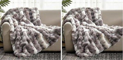 Cozy Bliss Faux Fur Throw Blanket for Couch, Fuzzy Soft Plush Thick Bubble Blanket for Sofa Bedroom Living Room, 50 * 60 Inches Tie-dye Taupe (Pack of 2)