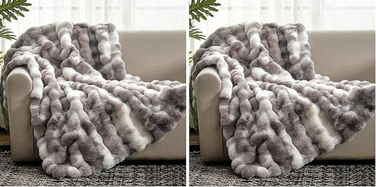 Cozy Bliss Faux Fur Throw Blanket for Couch, Fuzzy Soft Plush Thick Bubble Blanket for Sofa Bedroom Living Room, 50 * 60 Inches Tie-dye Taupe (Pack of 2)