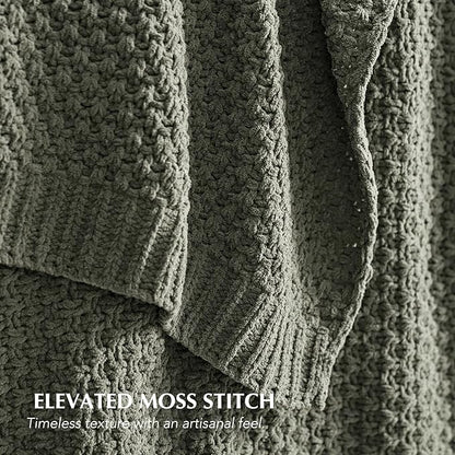 EVERGRACEHOME Chunky Chenille Knit Throw Blanket for Couch, Soft Luxurious Moss Stitch Blankets for Bed, Cozy Decorative Farmhouse Knitted Throws for Sofa, Dried Thyme Green, 60" x 80"