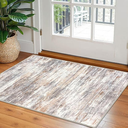 KOZYFLY Modern Abstract Small Area Rugs 2x3, Washable Kitchen Rug Non-Slip Soft Small Bathroom Rug, Multi Grey/Orange Striped Entryway Rugs Print Faux Wool Doormat