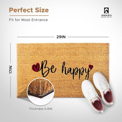 Be Happy - 17"x29" - Coir Door Mat with Heavy Duty Backing - Welcome Mats for Entryway, Porch - Anti-Slip PVC & Coconut Fiber Surface - Natural Home Accessories, Minimalist Original Design