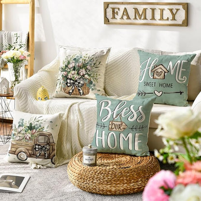 AVOIN colorlife Bless Our Home Farmhouse Eucalyptus Leaves Throw Pillow Covers, 20 x 20 Inch Blue Truck Home Sweet Cushion Case Decorations Set of 4