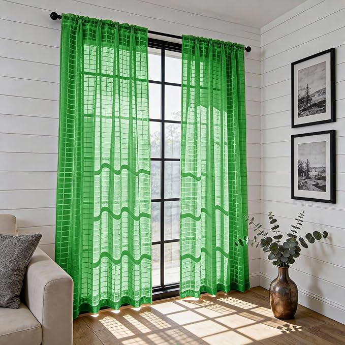 SpaceDresser Check Sheer Curtains 96 Inches 2 Panels Set, Rod Pocket Plaid Window Curtain for Living Room, Green Semi Sheer Drapes for Kitchen Bedroom Children Room Yard（Green, 52W x 96L）