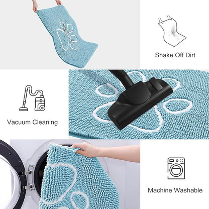 Smiry Dog Door Mat for Muddy Paws, Absorbent Dirt Trapper Non Slip Quick Dry Washable Chenille Mat for Mud Dogs, Entry Rug for Indoor and Outdoor (59x35 Inches, Sky Blue and White)