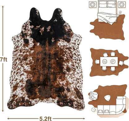 Cow Print Faux Cowhide Rug, Fluffy Fur 5.2x7 Feet Washable Cow Rugs for Living Room Bedroom Animal Print Hide Skin Rustic Western Décor Black and Brown