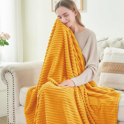 BEDELITE Fleece Blanket Twin Size – 3D Ribbed Jacquard Soft and Warm Decorative Fuzzy Blankets – Cozy, Fluffy, Plush Lightweight Throw Blankets for Couch, Bed, Sofa(Mustard Yellow, 60x80 inches)