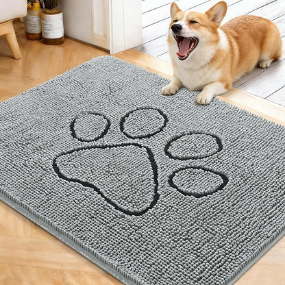 OLANLY Dog Door Mat for Muddy Paws 40x32, Paw Print Design, Absorbs Moisture and Dirt, Absorbent Non-Slip Washable Doormat, Quick Dry Chenille Mud Mat for Dogs, Entry Indoor Entryway Carpet, Grey