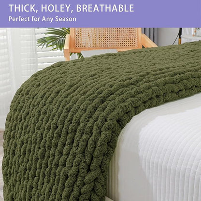 Bigacogo Chunky Knit Throw Blanket for Couch, 51x63 inches, 100% Hand Knitted with Thick Jumbo Chenille Yarn, Cozy Soft Large Rope Knot Cable Crochet Blankets for Sofa Bed Living Room, Yellow Green