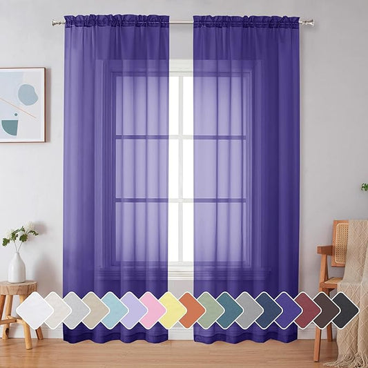 Simplebrand Purple Sheer Curtains 84 Inches Long, Light Filtering Rod Pocket Solid Color Window Sheer Curtain Panels, Elegant Curtains & Drapes for Living Room, Bedroom 2 Panels (Purple, 42" W)