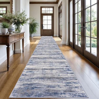 KOZYFLY Modern Abstract Washable Long Rug Runner 2.6x20 Hallway Rug Runner Non-Slip Soft Stair Runners, Grey-Blue Striped 20 feet Runner Rug for Kitchen Entryway Bathroom Laundry Room Foyer